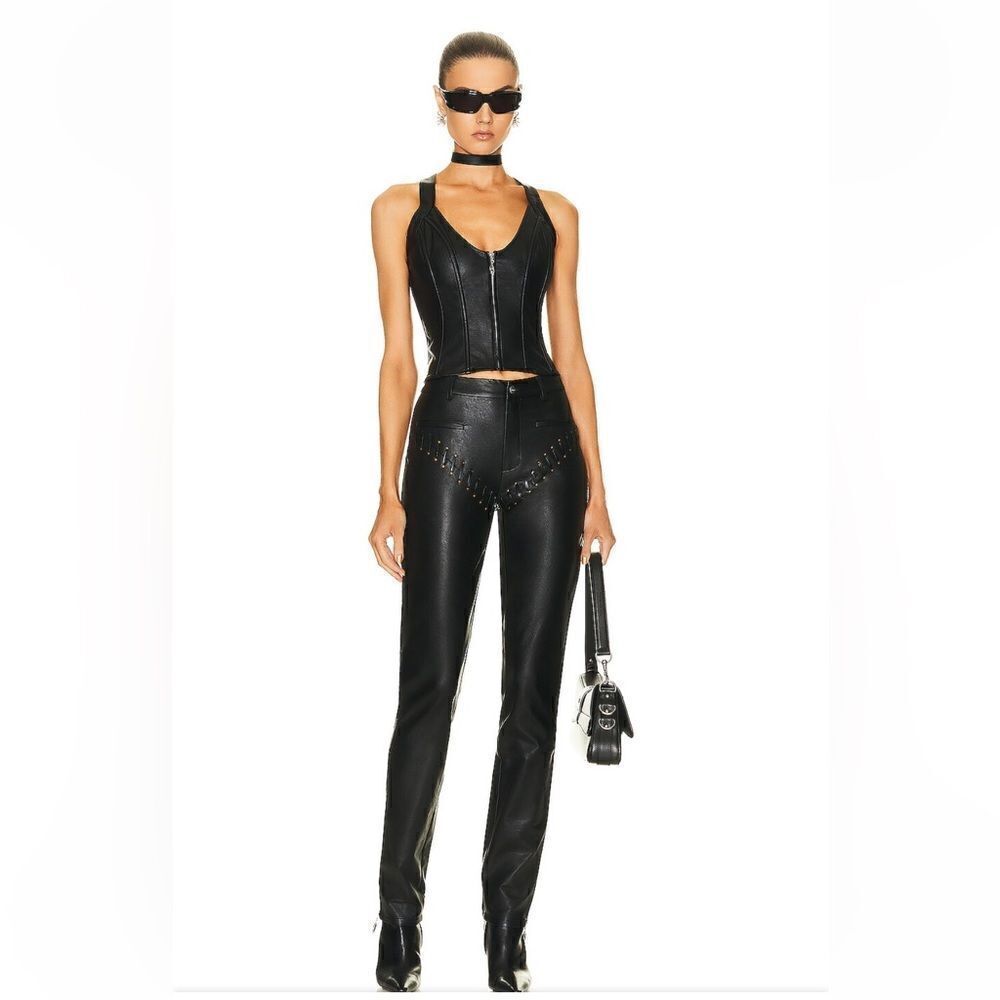 Miaou Jet Pant black faux leather stitched straight leg zippers FWRD $395 S - Picture 5 of 14
